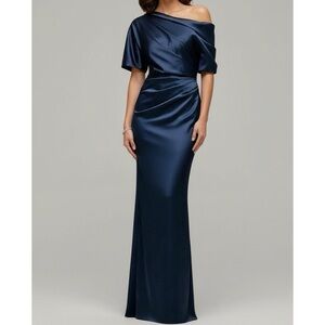 AFTER SIX Nathalie 6901 Asymmetrical Off-The-Shoulder Satin Gown, Navy, Large